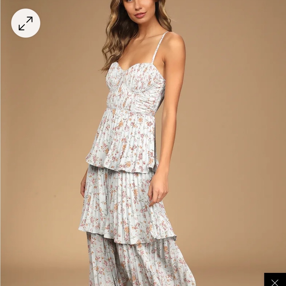 Cascading Crush Pale Blue Floral Print Tiered Bustier Midi Dress - Size Small